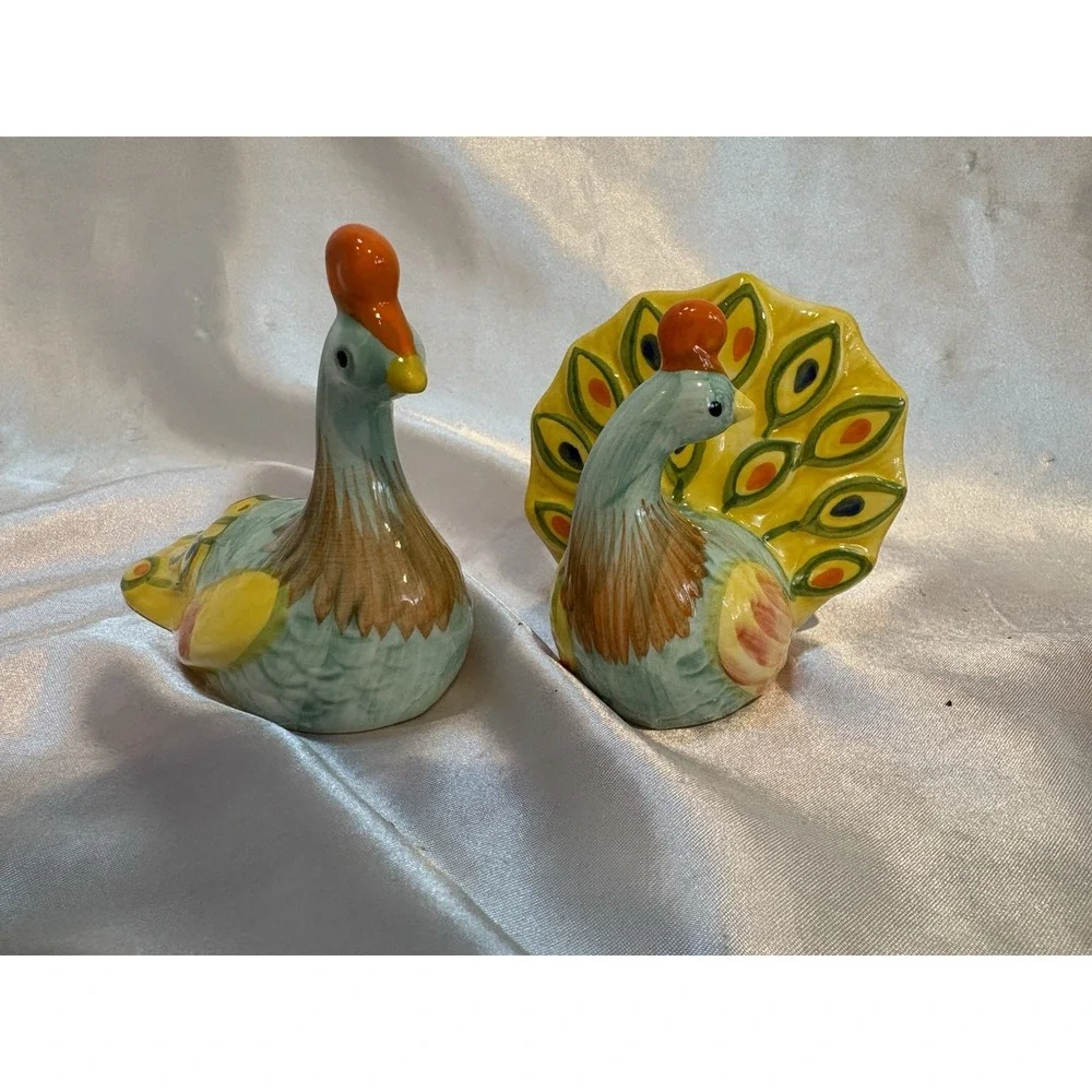 Pier 1 One Peacocks Salt and Pepper Shakers Set Colorful Orange yellow green